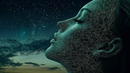 Woman gazing at night sky, abstract face