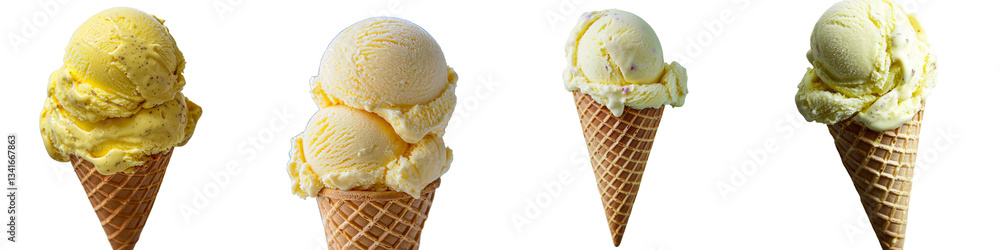 Aufkleber Isolated on a transparent background is a waffle cone filled with yellow ice cream made using Generative Ai