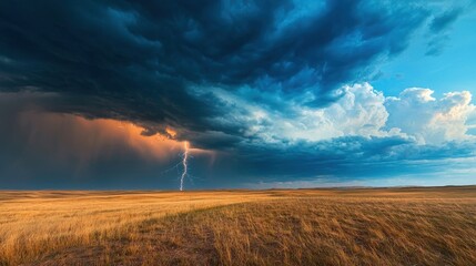 Obraz premium Dramatic Thunderstorm Over Open Grassland Landscape at Dusk