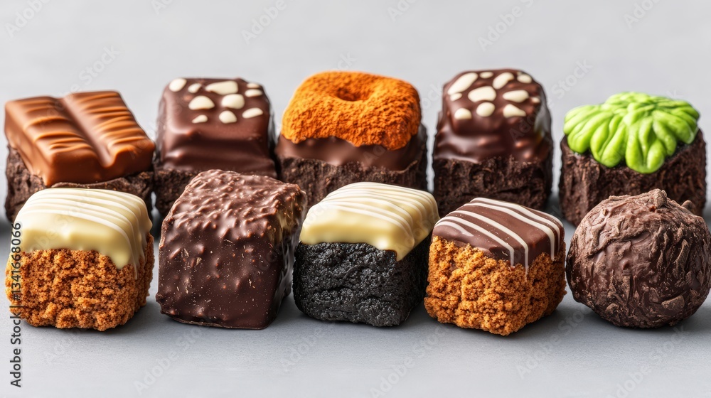 Poster a stunning close-up of twelve assorted miniature chocolate-covered cakes with unique decorations sho