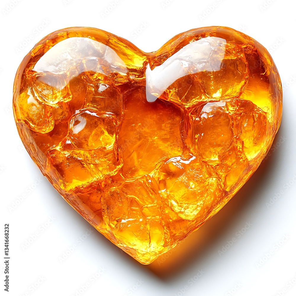 Poster a heart shaped object with a transparent amber texture on a white background