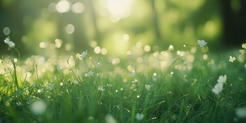 Obraz premium Blooming Bliss: a sun-drenched view, small white flower in green grass and the bright bokeh background of blurred sunlight dancing on the green leaves creates a serene and ethereal atmosphere.