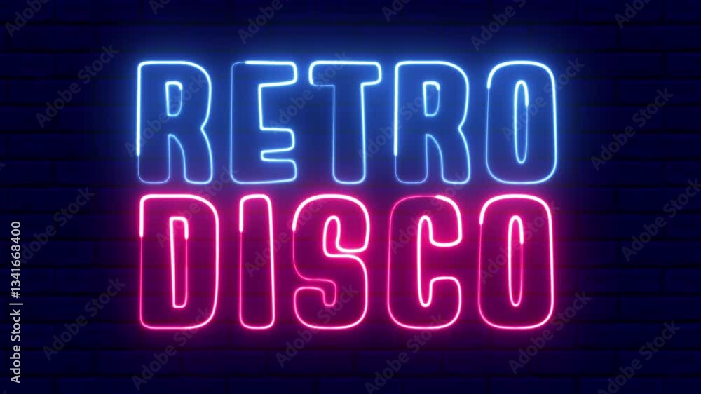 Poster retro disco neon sign. retro disco text font with neon light. luminous and shimmering haze inside th