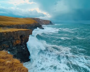 Fototapeta premium Dramatic Ocean Waves Crash Against Rugged Cliffside Landscape