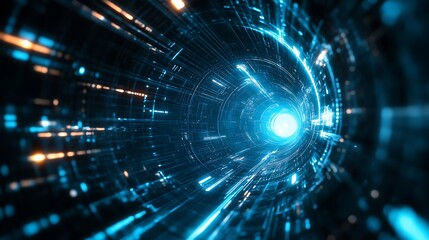 Navigating Abstract Data Tunnel with Glowing Light and Digital Lines