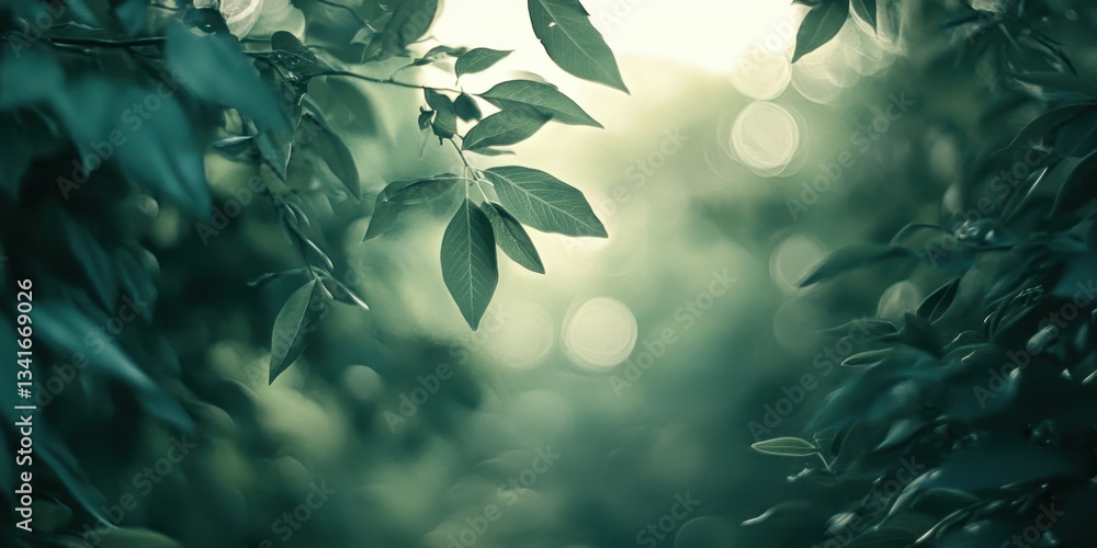 Poster green leaves and bokeh: nature's serenity through lush green leaves create a soothing bokeh effect, 