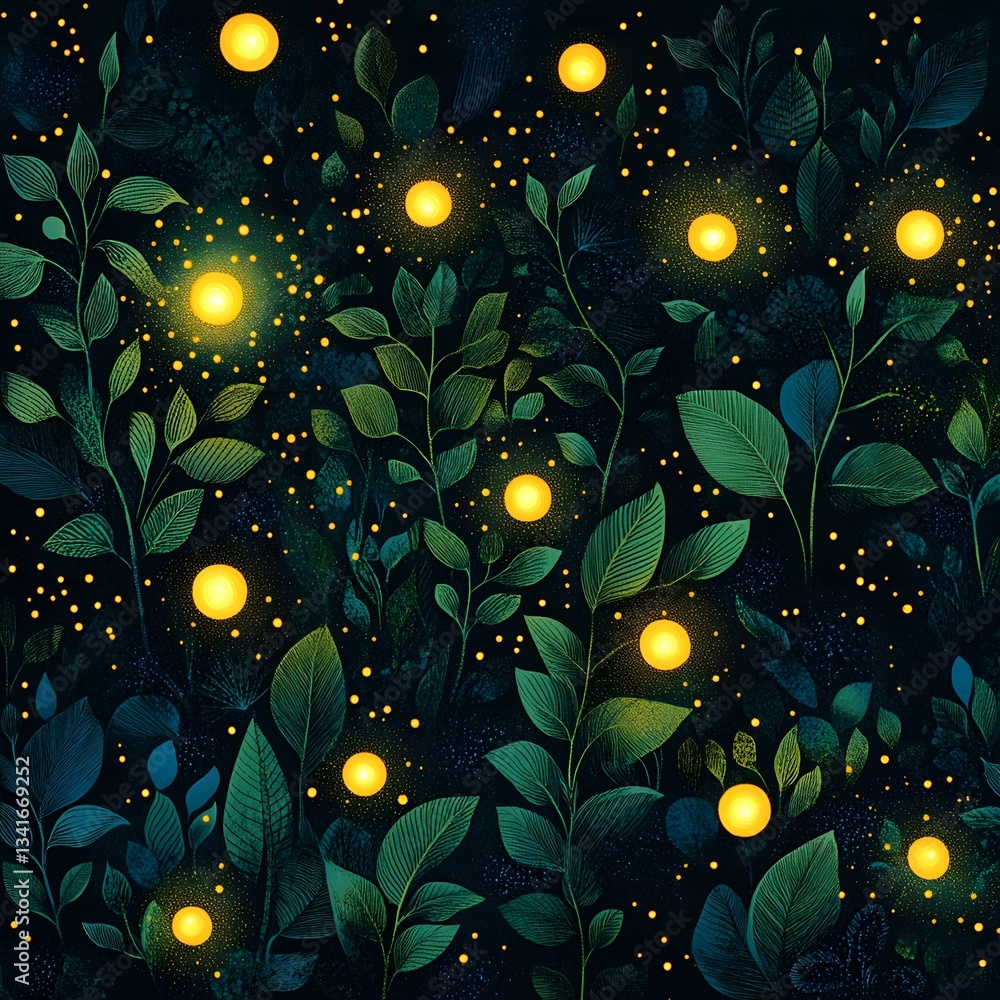 Poster a repeating pattern of fireflies glowing softly in a twilight forest setting.