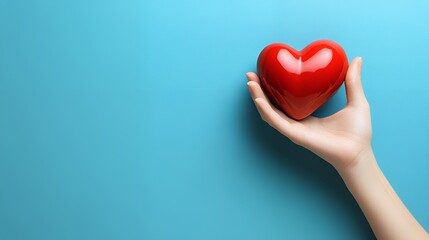 Fototapeta premium Hand Holding a Red Heart on a Vibrant Blue Background for Love Themes