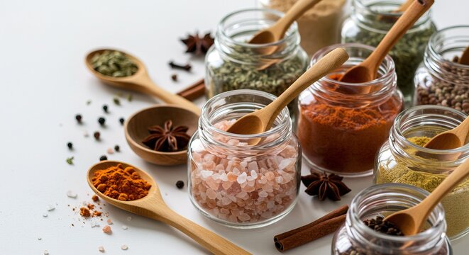 Assorted Spices in Jars with Wooden Spoons Culinary Delights