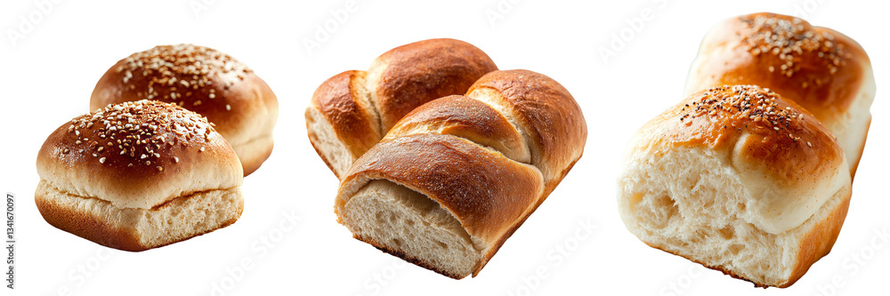 Poster freshly baked bread rolls, generated by ai, are shown floating in isolation against a transparent ba