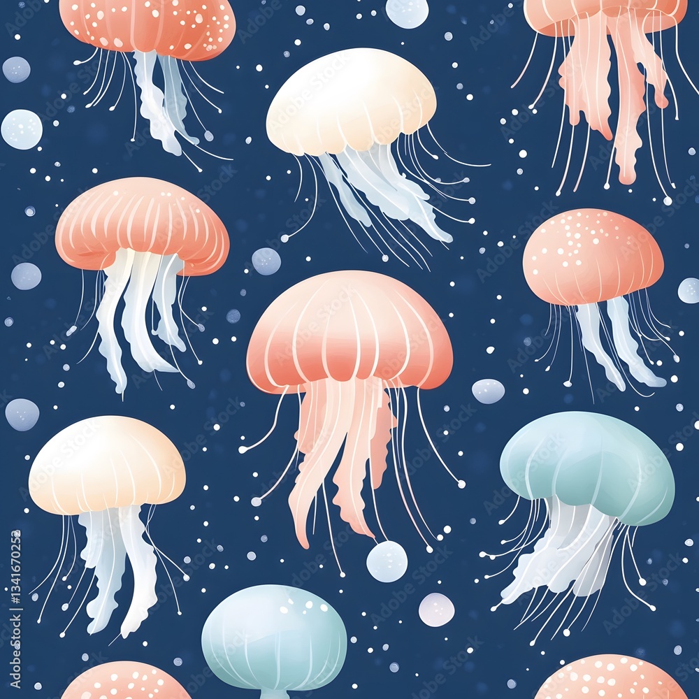 Poster a seamless pattern of soft pastel jellyfish floating gracefully in a deep blue ocean.