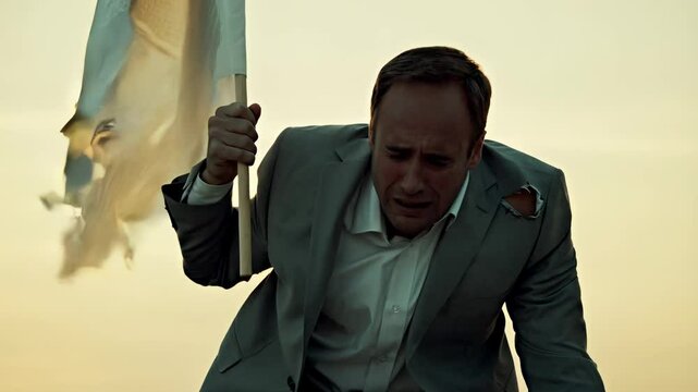 Distressed businessman kneeling, weeping, clutching tattered white surrender flag