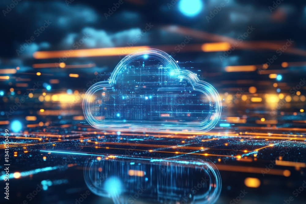 Poster futuristic digital cloud with data flowing in a high-tech environment at night