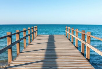 Fototapeta premium Gray weathered wooden pier deck extends over calm blue summer sea under a clear sky, summertime, texture
