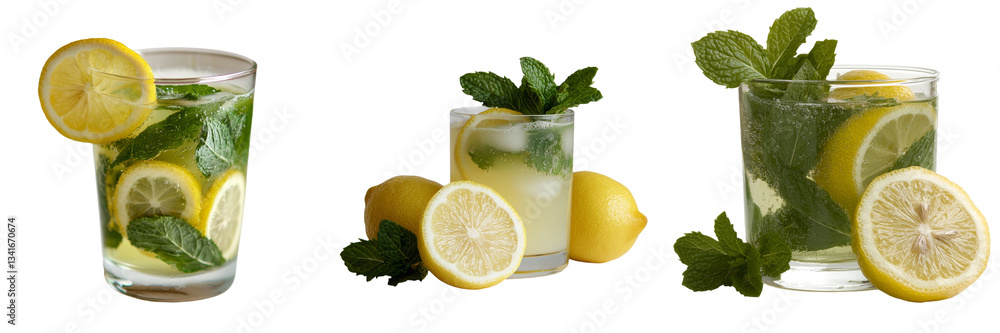 Poster a glass containing fresh yellow lemon juice isolated on a transparent background and produced by Generative Ai