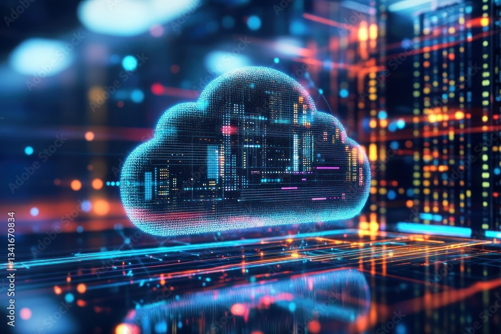 Poster futuristic digital cloud technology with abstract data streams and neon lights in dark environment