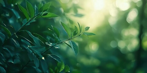 Obraz premium Sun-Kissed Foliage: A close-up of vibrant green leaves, bathed in soft sunlight. The scene evokes a sense of peace, growth, and the delicate beauty of the natural world.