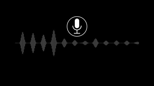 Audio message record, voice chat, sound wave, and microphone icon animation with black background.