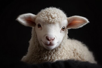 Fototapeta premium A photorealistic portrait of a baby lamb, ideal for Easter, springtime promotions, children's products, or nursery decor, featuring a calm, gentle atmosphere.