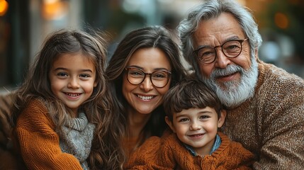 Smiling Family Portrait with Grandfather Mother Daughter and Son Wearing Glasses