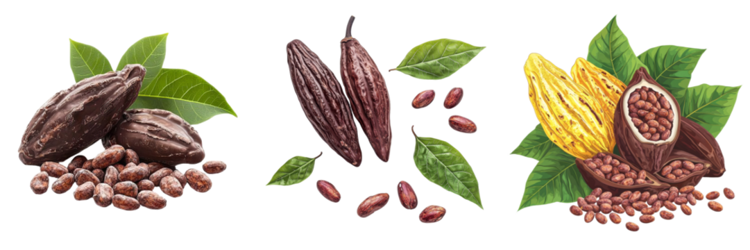 Generative Ai has created an image of isolated cacao pods and beans on a transparent background