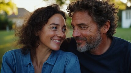 Fototapeta premium A romantic couple outdoors, smiling at each other.