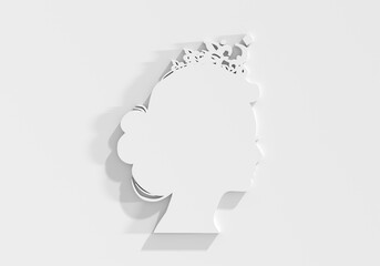 Profile view silhouette of a princess or queen. Cute girl portrait. Fashion branding emblem. 3D render