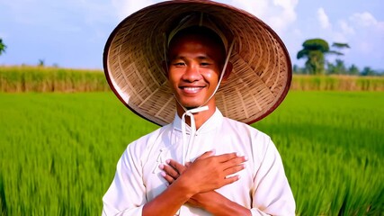Asian farmer wearing traditional conical hat expressing gratitude with hands on chest in a rice field