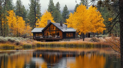 Fototapeta premium A serene retreat in the woods, surrounded by fall foliage.