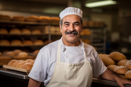 Portrait of a middle aged Hispanic worker in bakery