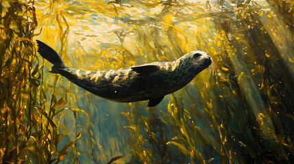 A seal swims through golden-hued underwater plants, illuminated by soft light.
