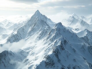 Fototapeta premium Majestic Snow-Covered Mountain Range Under Soft Cloudy Sky