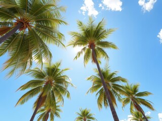 Sun-drenched coconut palms against a vibrant blue sky, summer, warm, tree