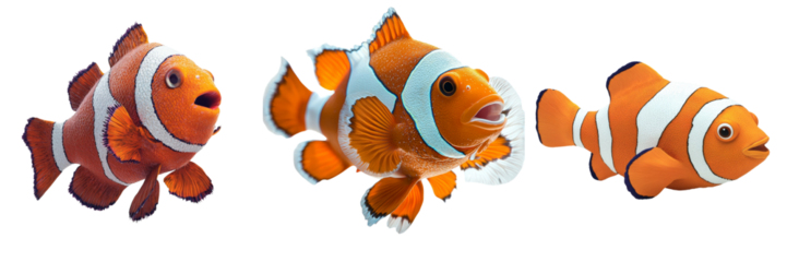 On a transparent background, a lone clownfish is shown, generated by stock