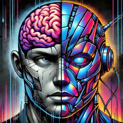 Futuristic cyberpunk illustration of human and AI