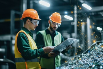 Workers Analyzing Data in Recycling Facility with Protective Gear and Orange Helmets