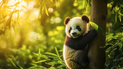 Obraz premium A panda cub climbing a tree in a lush bamboo forest
