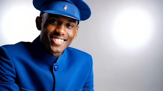 Young, black doorman smiling wearing blue uniform and hat, on a white studio background