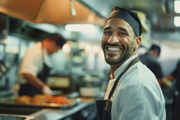 Portrait of smiling American chef in restaurant kitchen