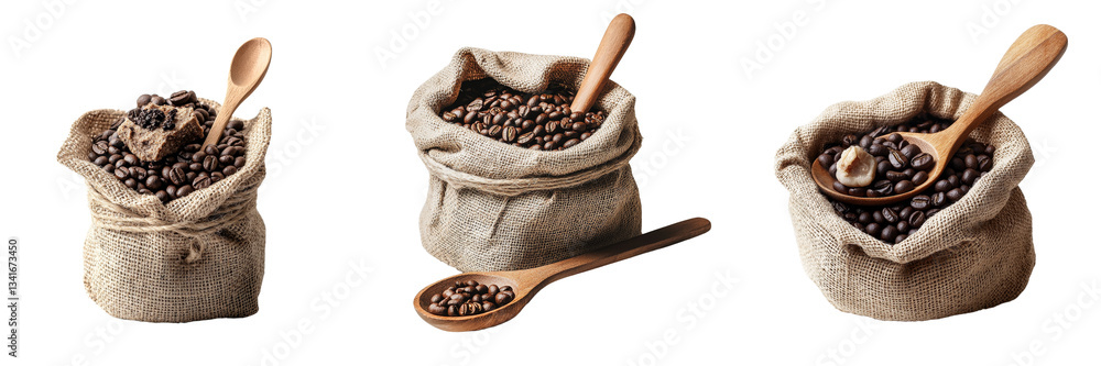 Poster generative ai has produced an image of a burlap sack filled with dark coffee beans, isolated on a tr