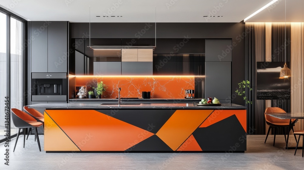 Poster designing a modern abstract kitchen interior space image showcase contemporary setting angular view 