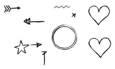 Hand drawn doodle sketches featuring arrows, hearts, stars, and circular shapes, conveying playful and creative vibe. These elements can be used for various design projects
