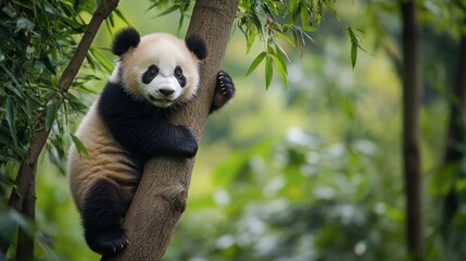 Obraz premium A panda cub climbing a tree in a lush bamboo forest