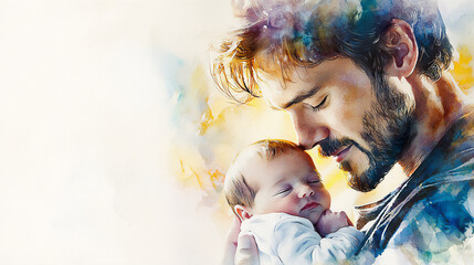 Heartwarming watercolor depiction of a father cradling his newborn with love