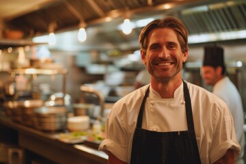 Fototapeta premium Portrait of smiling American chef in restaurant kitchen