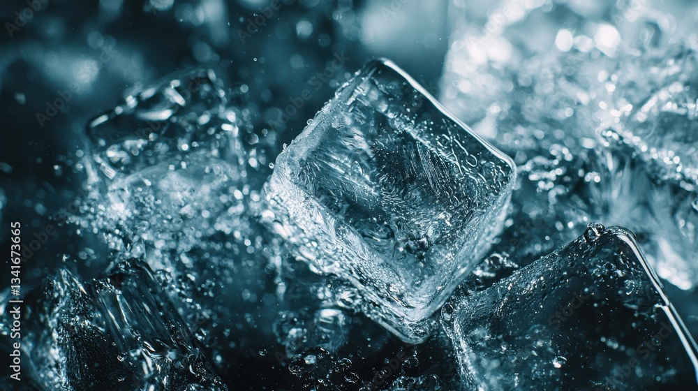 Poster clear ice cubes floating in refreshing water splash background
