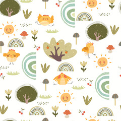 Seamless pattern with little chiks , cartoon nature and rainbows. Cute vector illustration for Easter.