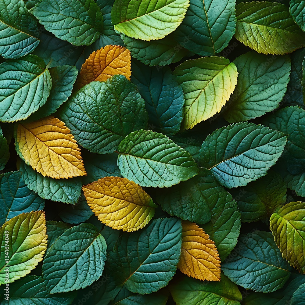 Aufkleber a lush pattern of green leaves with scattered yellow leaves creating a textured background