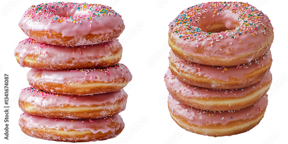 Poster The image features a stack of pink glazed donuts against a transparent background, made using Generative Ai