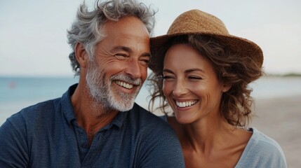 Fototapeta premium A happy couple sharing a joyful moment at the beach.